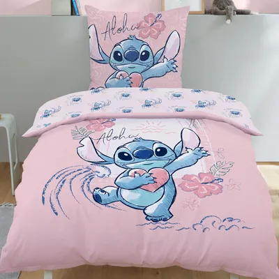 Produktbild von Disney Stitch Bettwäsche 135x200 80x80 cm Rosa aus 100% Baumwolle mit Reißverschluss