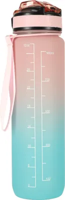 A close-up shot of a water bottle with measurement markings.