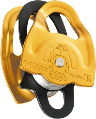 Doppelte Prusikrolle Gemini von Petzl in gelb und schwarz mit Metallachse und eingeprägtem Petzl-Logo