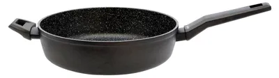 A black frying pan with a speckled interior and a black handle is shown against a white background.
