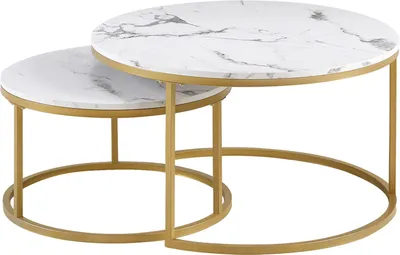 A set of two round nesting coffee tables with marble-effect tops and gold metal frames, shown against a white background.