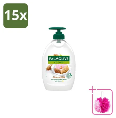 Imagen del producto de 15 unidades de jabón líquido Palmolive, aroma a leche de almendras, con dosificador, 500 ml, pack económico