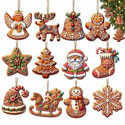 Holz-Weihnachtsanhänger, 12 Stück, bunte Motive, mit Schnur