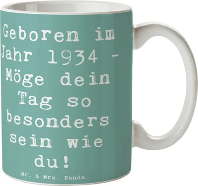 Produktbild von Mr. & Mrs. Panda Teetasse Spruch 1934 Geburtstag - Meeresbrise - Geschenk, Pott, Becher, besondere Geburtstagswünsche, Alter, Kaffeetasse, kaffeebecher keramik, Jahrgang