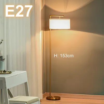 Produktbild von Moderne Stehlampe Gold (153 cm) – Bogenlampe mit weißem Stoffschirm & Fußschalter, E27 Fassung, Elegante Standleuchte & Leselampe aus Stahl für Wohnzi