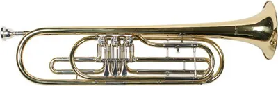 Produktbild von Karl Glaser Tenor Bass Trompete. Spiralfeder Druckwerk mit Kugelgelenken. Neusilbergarnitur. 2 Wasserklappen. Notenhalterkästchen. Inkl. Koffer + Mundstück.