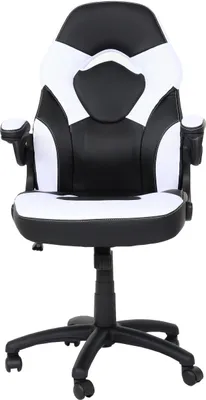 A black and white gaming chair is shown from the front on a white background.