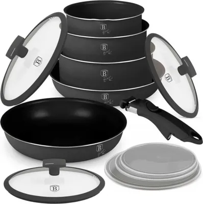A set of cookware, including pots, pans, lids, and a detachable handle, arranged on a white background.