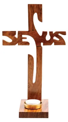 Stehendes Holzkreuz Jesus, 29 cm, für Teelichter Ø 4-4,5 cm