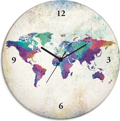 Produktbild von ARTland Glas Wanduhr Quarzuhr - schwarzer Zeiger bunte Weltkarte Größe: 30x30 cm