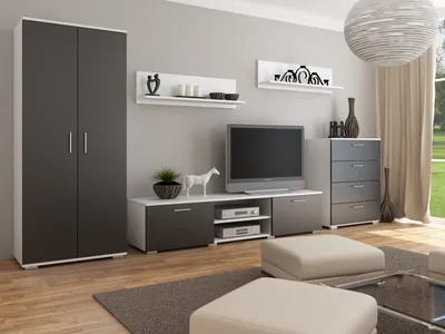 Produktbild von Wohnwand California 2 Per La Vita Weiß - Schwarz Modern Kleiderschrank, Wohnzimmerschrank mit Fernsehtisch, Sideboard und Wohnzimmer