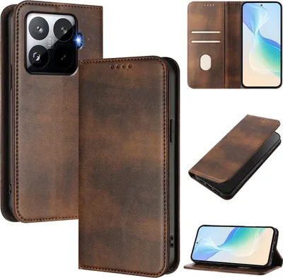 Immagine prodotto di Custodia per Xiaomi 15T Pro, Vintage Leather RFID Protection Card Holder Stand Function Magnetic Flip Cover Marrone
