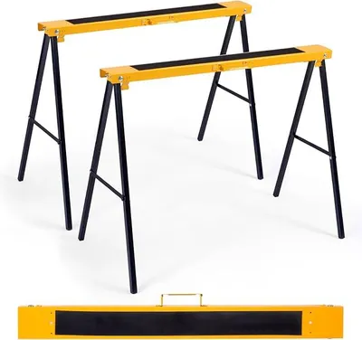 Produktbild von 2 x Gerüstbock, Klappbock Set, Stützbock Sägehilfe, Arbeitsbock Metall , Unterstellbock Belastbar bis 275 KG, Arbeitsböcke klappbar, Faltbarer Bock mit Griff, Sägepferd Stahl, Gelb