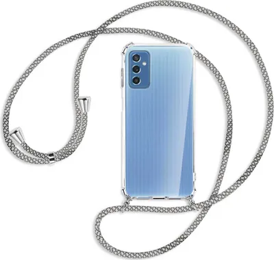Produktbild von Handykette Backcover-Schutzhülle mit Band (Metall silberfarben) für Samsung Galaxy M52 5G (M526) - weiß/grau kariert