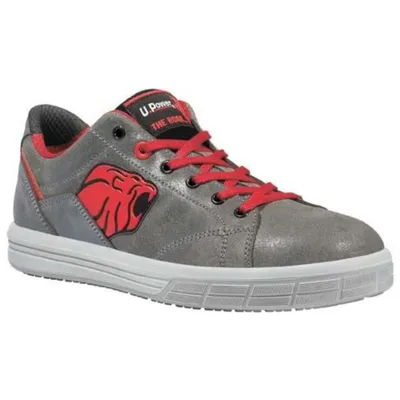A single grey safety shoe with red accents and laces is shown against a white background.