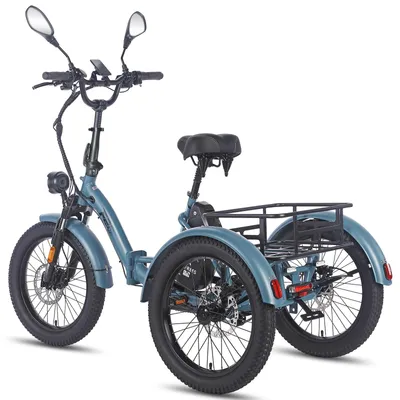 A blue electric tricycle with a basket is shown against a white background.