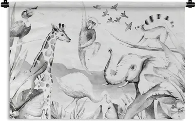 Produktbild von MuchoWow® Wandteppich Wandbehang Dschungel - Tiere - Aquarell - Jungen - Mädchen - Kinder - Kinder 90x60 cm Tapisserie Dekoration Wandtuch - Wandskulpturen - Bildteppich