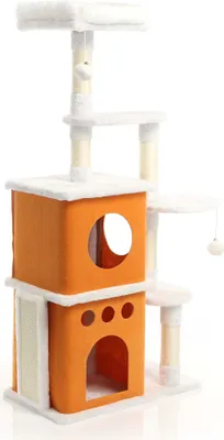 Image de Fudajo Arbre à chat Blanc/Brun 125cm Poste de grattage avec du sisal, des niches/2 maisons à chats