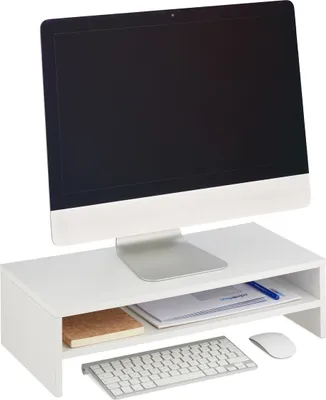 Produktbild von Relaxdays Monitorständer, Zusatzablage, HxBxT: 14,5 x 54 x 25,5 cm, Bildschirmerhöhung für Schreibtisch, modern, weiß