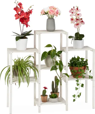 Image de Étagère à fleurs en bois Relaxdays, 7 étagères pour plantes, étagère décorative en escalier pour l'intérieur, modèle sur pied, 86,5 x 95 x 29,5 cm, blanche