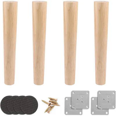 Produktbild von Möbelfüße Holz 30cm Eiche Rund 4 Stück mit Montageplatten und Schrauben