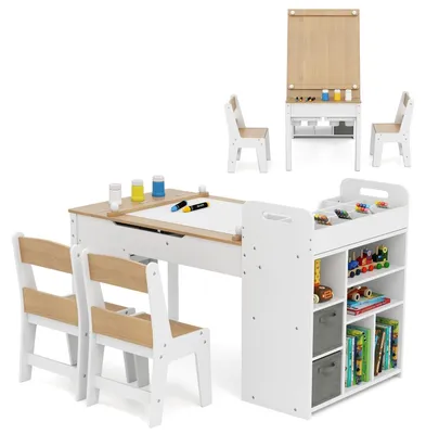 Immagine prodotto di Tavolo per bambini - Scrivania per bambini - Tavolo per attività creative - Tavolo da gioco - Set di sedie - Tavolo da disegno 3-in-1 con spazio contenitore