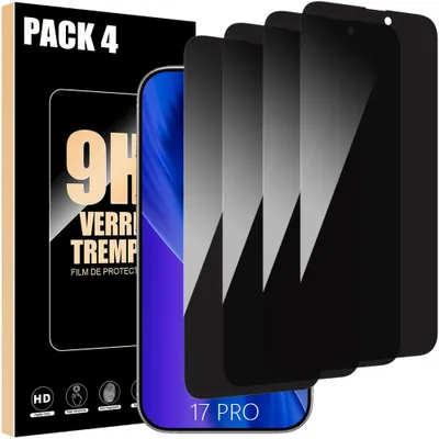 Image de 4 Pièces Verre Trempé Anti Espion pour iPhone 17 Pro, Installation Facile Anti-Rayures 9H