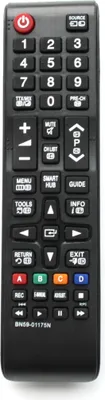 A black remote control with various buttons is shown against a white background.
