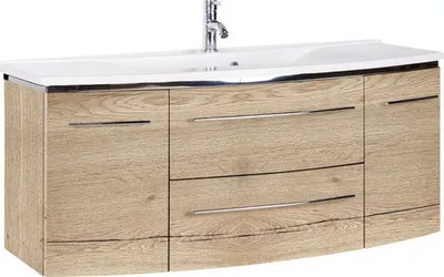 Produktbild von Marlin Badmöbel-Set 3040 BxHxT 122 x 90 x 48 cm Frontfarbe eiche natur mit Waschtisch Mineralmarmor weiß Griff chrom CPM