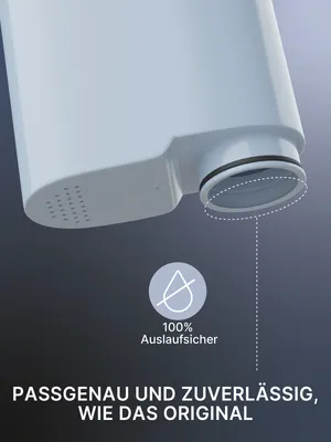 A close-up view of a white water filter cartridge with a diagram and text indicating its features.
