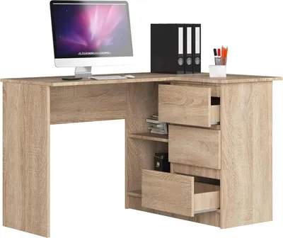 Produktbild von Rechtsseitiger Eckschreibtisch mit 3 Schubladen und 2 Regalen, viel Platz für Entfaltung, geeignet für Jugendzimmer, Büros und Ateliers, Winkelschreibtisch, Computertisch, Bürotisch 124x77x85 cm, Sonoma