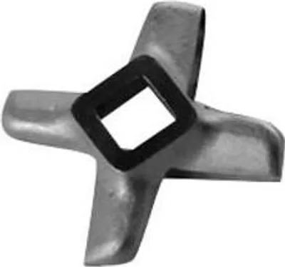 A close-up studio shot of a metal meat grinder blade with a black rubber adapter.