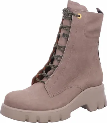 A single taupe lace-up boot shown from a side-diagonal angle against a white background.