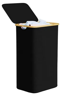 Produktbild von Wäschekorb mit Deckel 110L faltbar Bambusgriffe Schwarz