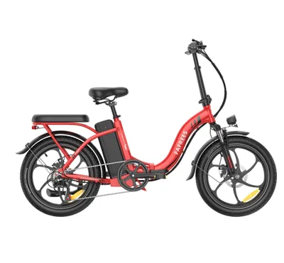 A red electric folding bicycle is shown against a white background.
