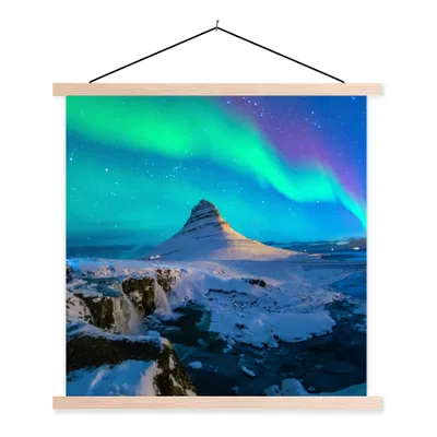 Produktbild von MuchoWow® Textilposter Nordlichter - Berge - Island 120x120 cm mit holzfarbenen Rahmen - Textil-Poster