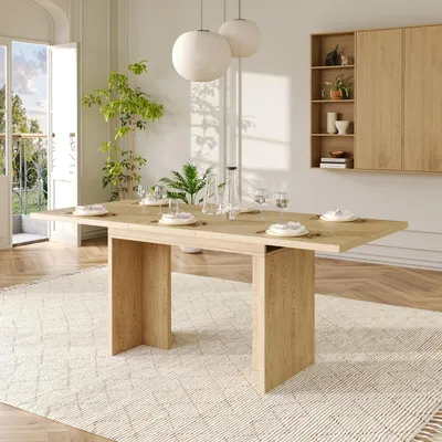 Image de Table extensible en bois imitation chêne, dimensions 140-180x80x75 cm, forme rectangulaire, plateau de 30 mm d'épaisseur, pieds en forme de "T"