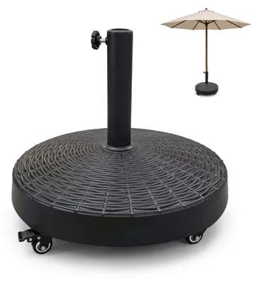 Zdjęcie produktu dla Stojak na parasol Relaxdays, waga 23 kg, przeznaczony do parasoli o średnicy słupka 38-48 mm, wyposażony w kółka z hamulcem, podstawa z polirezyny, kolor czarny