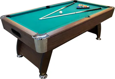 A billiard table with balls and cues on a white background.