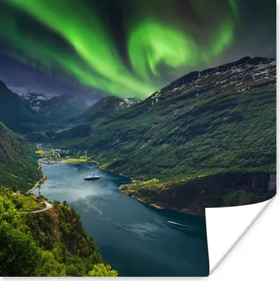 Produktbild von MuchoWow® Poster Nordlichter - Berg - Boot - Norwegen 50x50 cm - Wohnzimmerdekoration