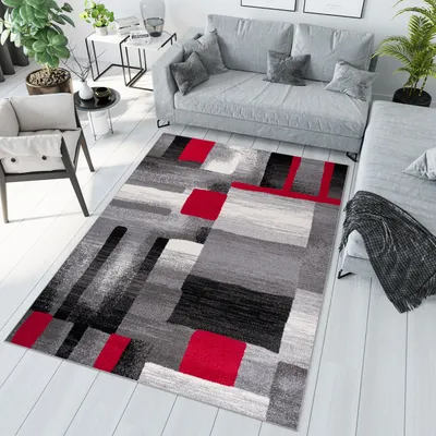 Produktbild von Teppich Wohnzimmer Schlafzimmer Kurzflor Modern Design Grau Rot Meliert  140 x 190 cm
