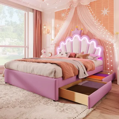 Produktbild von Abrihome Polsterbett Kinderbett 140x200 cm mit 2 Schubladen und LED-Licht-PU, Kronenförmiges Kopfteil, Rosa