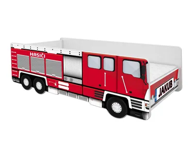 Obrázek produktu pro ACMA Dětská postel auto Hasiči 160x80 cm se jménem dítěte – hasičské auto postel pro děti, junior postel s matrací, roštem a zábranou proti pádu