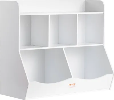 Produktbild von Holz-Aufbewahrungsregal für Kinder, Spielzeugaufbewahrung mit Bücherregal, Holzspielzeugschrank mit 5 Fächern, Kinderbuch-Spielzeugregal für Kinderzimmer, Spielzimmer, Kindergarten, Kinderzimmer, weiß