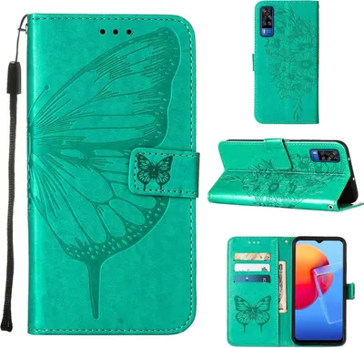Produktbild von VIVO Y51 2020 Hülle, Schmetterling Prägung Flip Leder Kartenfächer Schutzhülle Ledertasche mit Ständer für VIVO Y51 2020 / Y31 2021 / Y51A / Y53s 4G) Grün