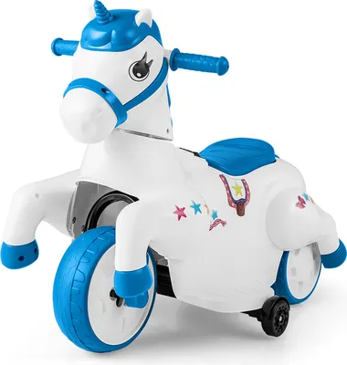 Produktbild von COSTWAY Elektro Motorrad, Elektromotorrad 2 Modi 3km/h, Schaukelpferd mit Musik, LED & Stützrädern, Elektro Fahrzeug für Kinder ab 3 Jahren Blau