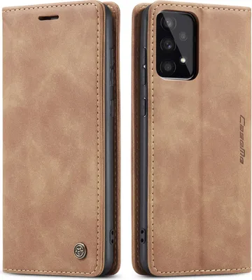 A brown leather-look phone case for a Samsung Galaxy A53 5G is shown from two angles.