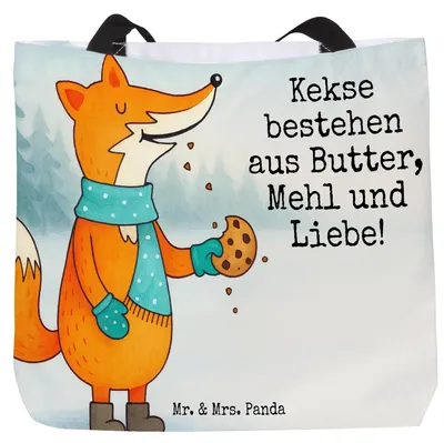 Produktbild von Mr. & Mrs. Panda Strandtasche Fuchs Keks Design - Weiß - Geschenk, Kekse, Tote Bag, Frieren, Weihnachten, Tasche, Laptoptasche, Plätzchen, Reisetasche, Weihnachtlich