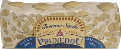 A block of torrone with almonds and honey, with a label in the center.