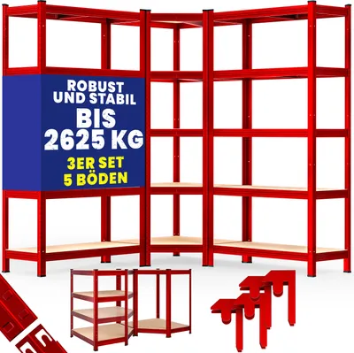 Produktbild von MONZANA® 3er Set Schwerlastregal Eckregal 2625 kg 15 MDF-Platten Regal Lagerregal Kellerregal Steckregal Werkstattregal, Farbe:Rot